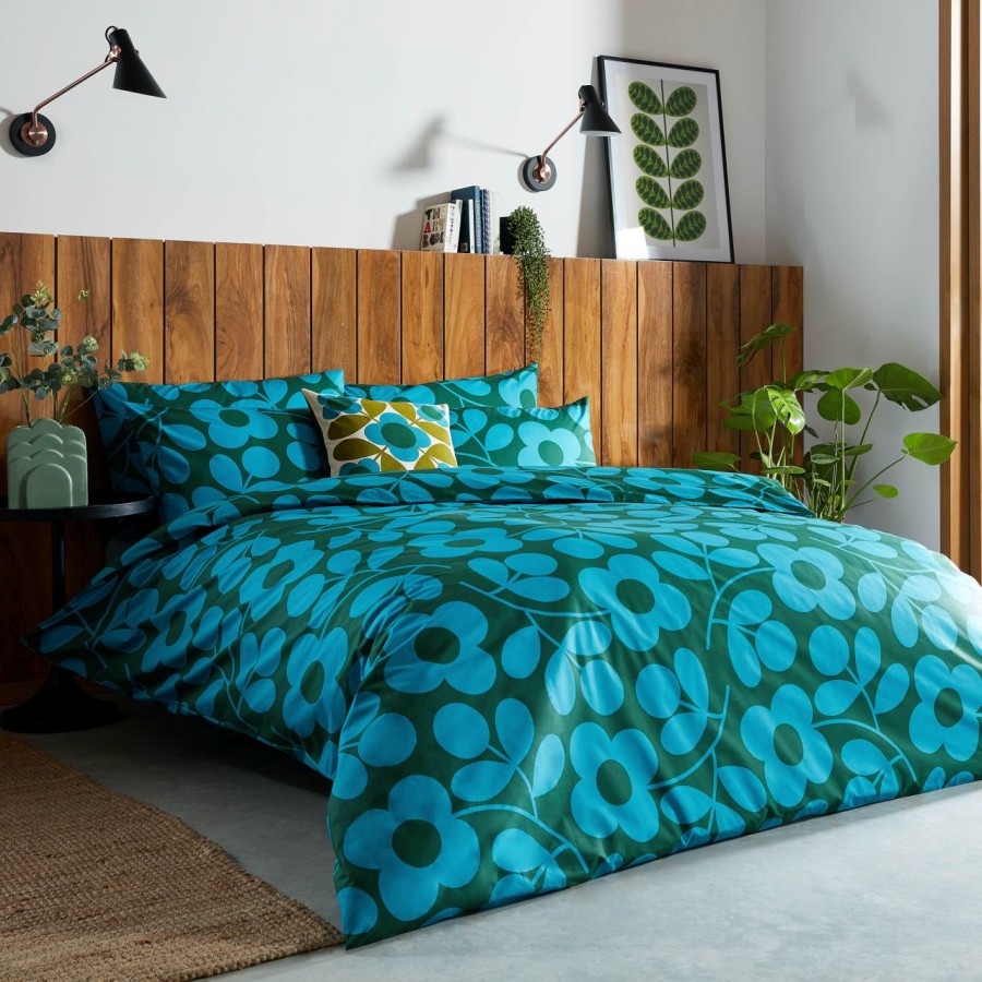 Set de cama Orla Kiely. Diseño floral Stem Sprig. Algodón de 200 hilos en ricos tonos de jade y azul martín pescador.