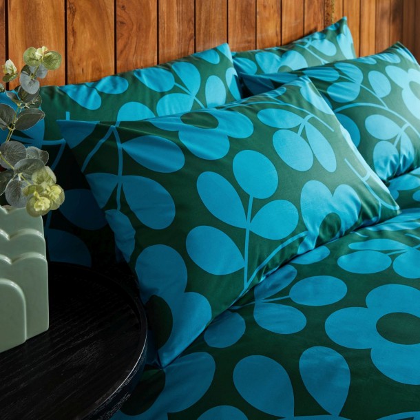 Orla Kiely bed set. Stem Sprig floral design. 200 thread count cotton in rich shades of jade and kingfisher blue.