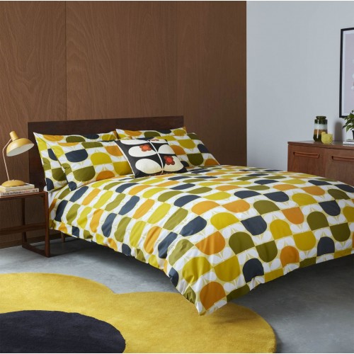 Set de cama Orla Kiely. Diseño retro Block Stem. Color limón, ocre cálido, naranja intenso y verde oliva, con algodón 200 hilos.