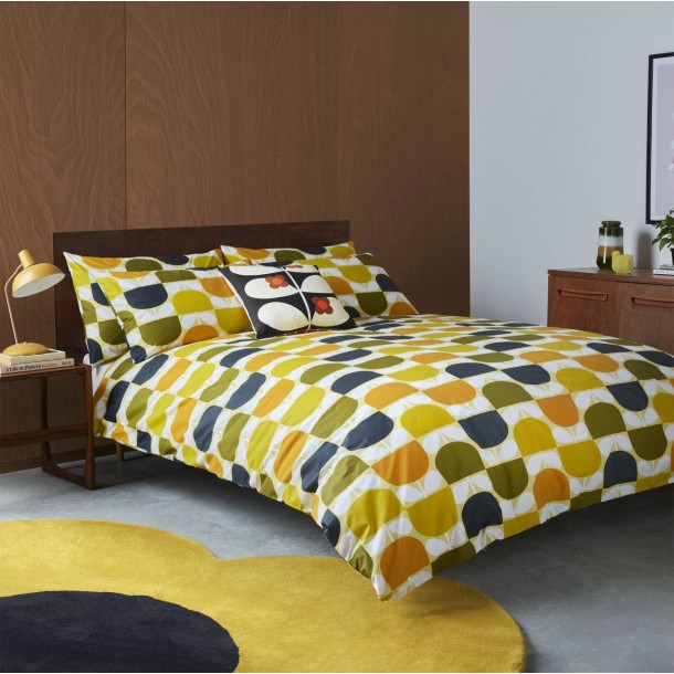 Orla Kiely bed set. Retro Block Stem design. Lemon, warm ocher, intense orange and olive green, with 200 thread count cotton.