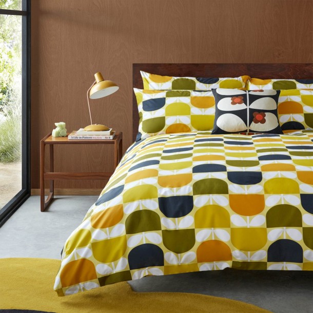 Set de cama Orla Kiely. Diseño 60's Block Stem. Color limón, ocre cálido, naranja intenso y verde oliva, con algodón 200 hilos.