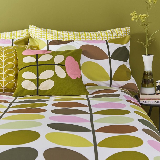 Orla Kiely bed set. Retro 60's Multi Stem design. In warm toasted tones, yellows and hints of pistachio and pink.