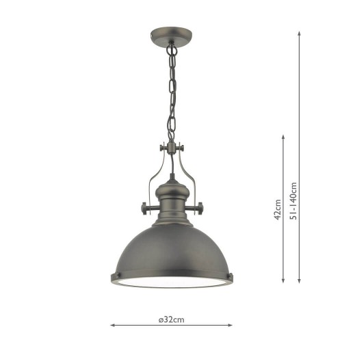 Lámpara de techo Arona con acabado en peltre envejecido, difusor de vidrio, copete a juego, cadena y es de altura es regulable.