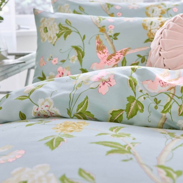 Summer Palace Bed Set, Teal. Landscape of oriental gardens of flowers and birds in soft colors. In various sizes.