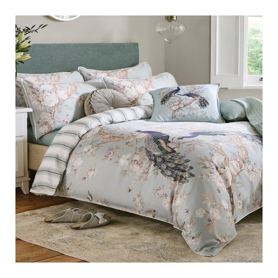 Belvedere, Laura Ashley. Peacocks and timeless flowers. 220 thread count cotton sateen with ribbed finish. Reversible.