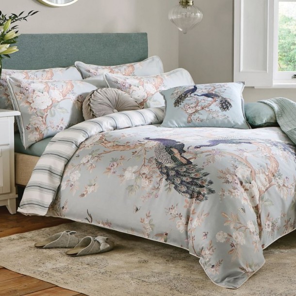 Belvedere, Laura Ashley. Peacocks and timeless flowers. 220 thread count cotton sateen with ribbed finish. Reversible.