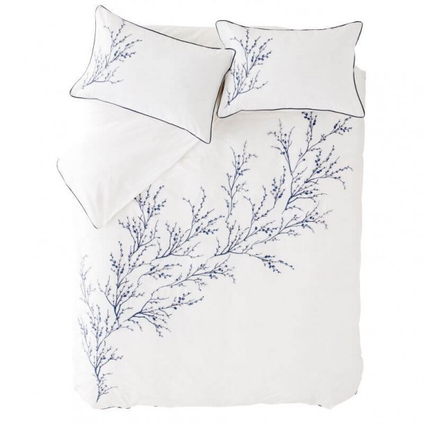 Pussy Willow print, Laura Ashley. Night blue embroidery, 200 thread count cotton. Duvet cover and 1 or 2 pillowcases.