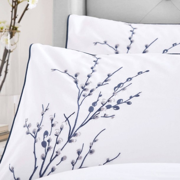 Pussy Willow print, Laura Ashley. Night blue embroidery, 200 thread count cotton. Duvet cover and 1 or 2 pillowcases.