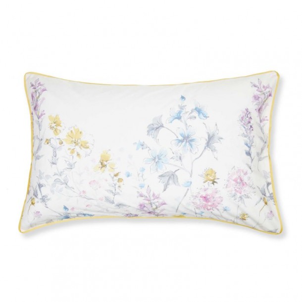 Wild Meadow, Laura Ashley. Simulates watercolor of flowers in blue yellow and pink. Soft cotton, 200 thread count. Reversible.