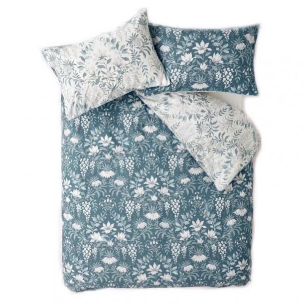 Parterre print, Laura Ashley. White flowers and leaves in a garland, sea blue. Breathable pure cotton. Reversible.
