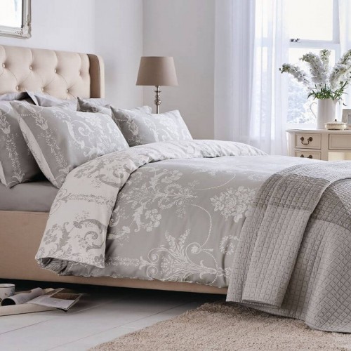 Classic floral design, Laura Ashley. Inspired by 18th century France, dove grey. 200 thread count cotton sateen. Reversible.