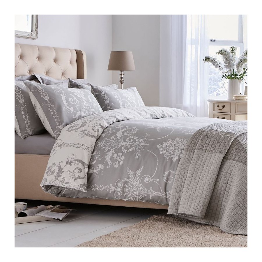 Classic floral design, Laura Ashley. Inspired by 18th century France, steel. 200 thread count cotton sateen. Reversible.