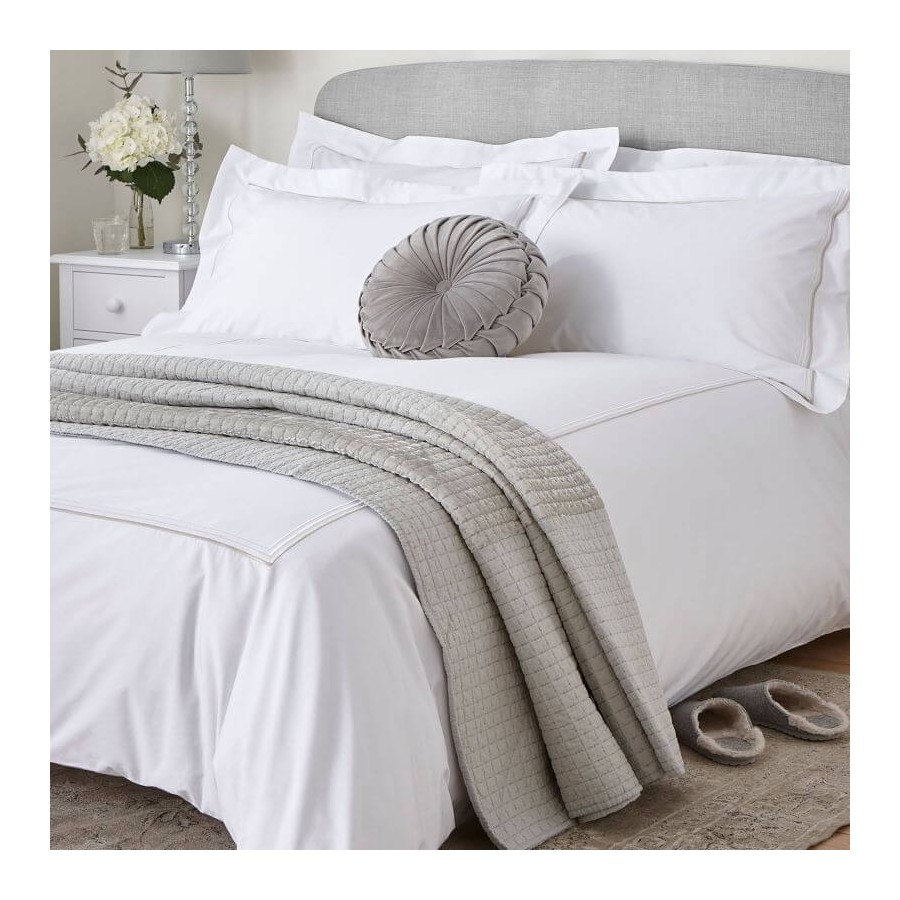 Mayfar bedding set, Laura Ashley. Simple light gray embroidery. Percale cotton 200 thread count. Includes 1 or 2 pillowcases.