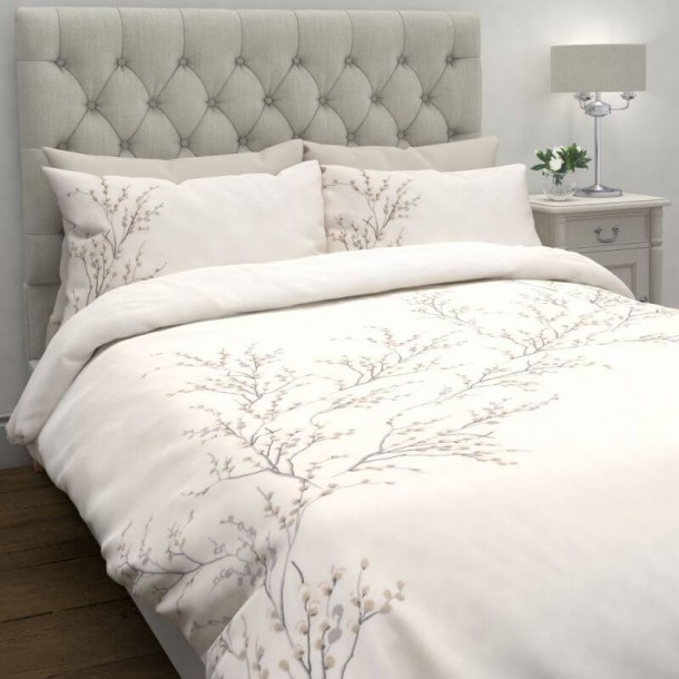 Pussy Willow print, Laura Ashley. Dove gray embroidery, 200 thread count cotton. Duvet cover and 1 or 2 pillowcases.