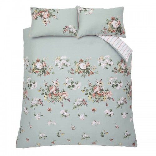 Set de cama Rosemore estilo rústico, Laura Ashley. Algodón percal 200 hilos, en verde salvia. Estampado de bouquet de flores.