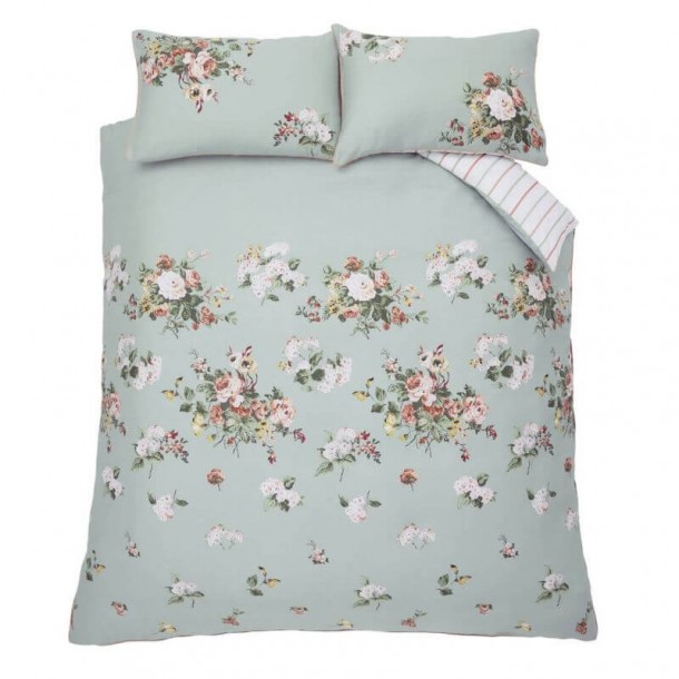 Rosemore country style bed set, Laura Ashley. 200 thread count percale cotton, in sage green. Flower bouquet print.