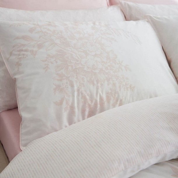 Classically beautiful Picardie bedding set. Cotton blend, with soft pink floral print. Reversible.