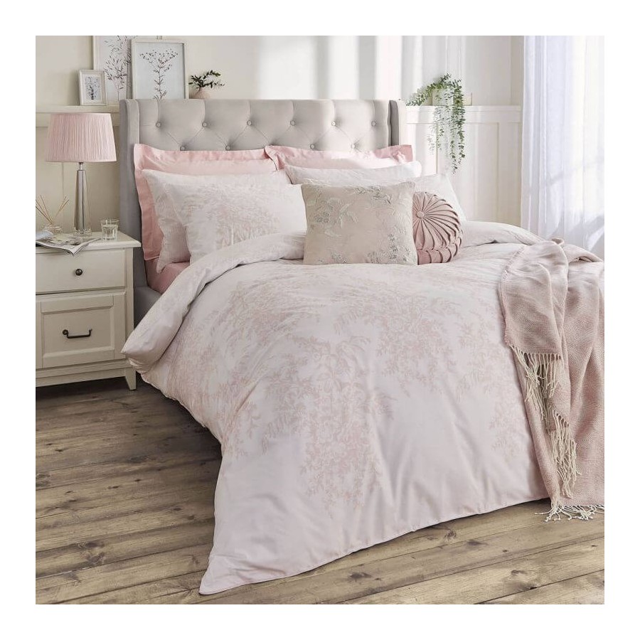 Classically beautiful Picardie bedding set. Cotton blend, with soft pink floral print. Reversible.