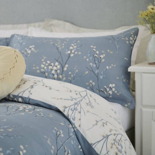 Pussy Willow Floral Bed Set, Laura Ashley. Dark sea blue. Cotton satin and smooth piped edge. 1 or 2 pillowcases.