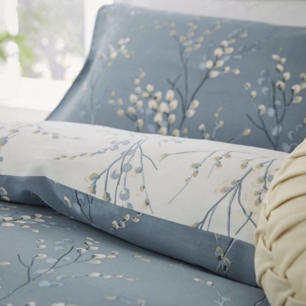 Pussy Willow Floral Bed Set, Laura Ashley. Dark sea blue. Cotton satin and smooth piped edge. 1 or 2 pillowcases.