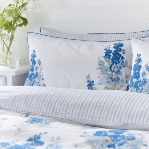 Stock Sky Blue Bed Set, Laura Ashley. Large-scale flower bouquets. 1 or 2 pillowcases, depending on size.
