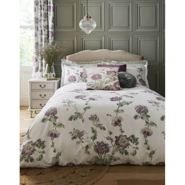 Grape Hepwort Bed Set, Laura Ashley. Purple flowers and green branches, in percale cotton. Includes 1 or 2 pillowcases.