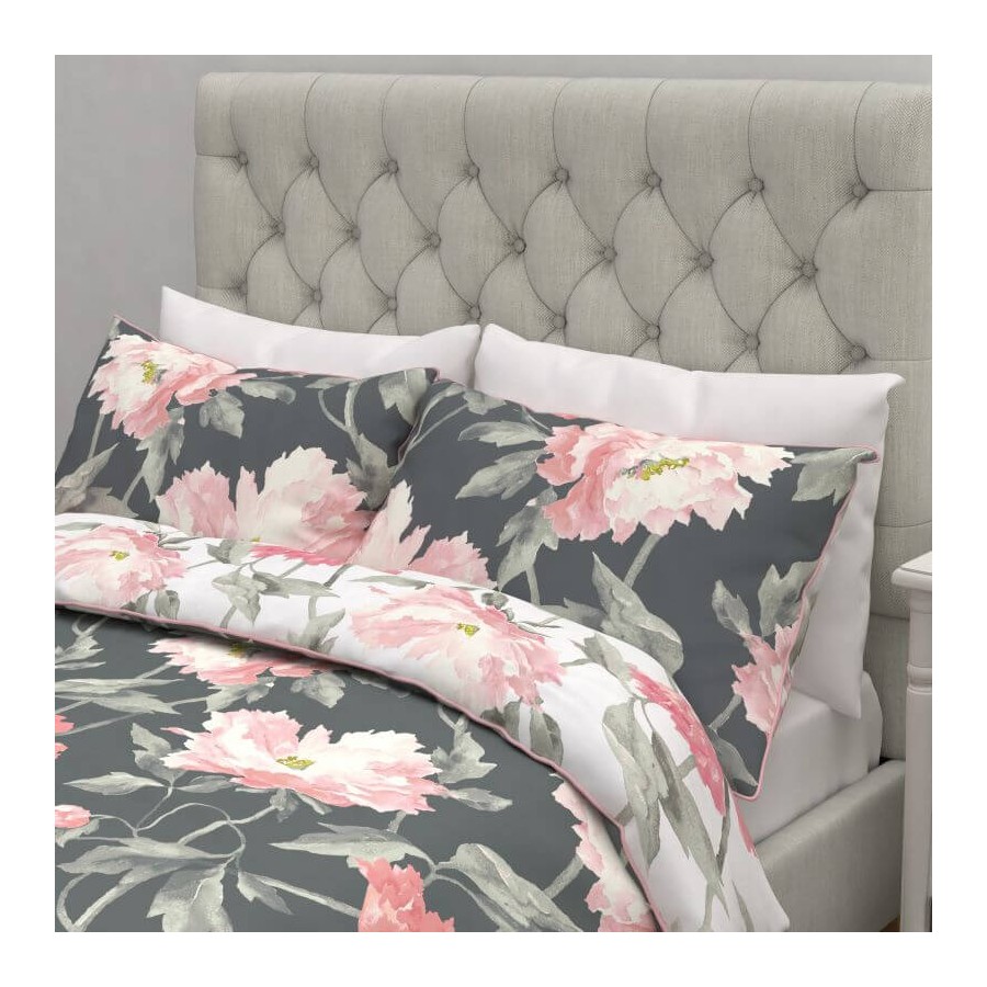 Peonies bed set in dark grey, Laura Ashley. Watercolor style flowers, in pinks and greys. 100% satin cotton. Reversible.