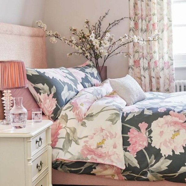 Peonies bed set in dark grey, Laura Ashley. Watercolor style flowers, in pinks and greys. 100% satin cotton. Reversible.