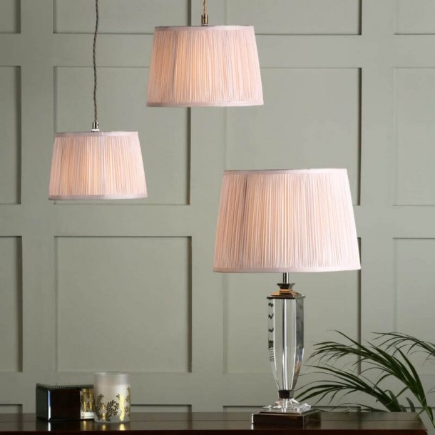 Laura Ashley traditional silk shade blush pink. pleated design. Available in various diameters.