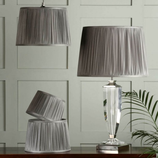 Laura Ashley traditional silk shade charcoal. pleated design. Available in various diameters.