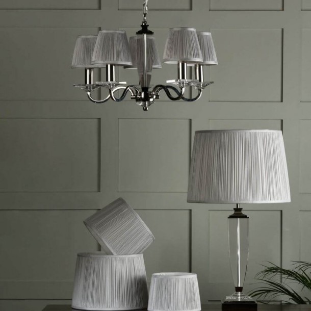 Laura Ashley traditional silk shade silver. pleated design. Available in various diameters.