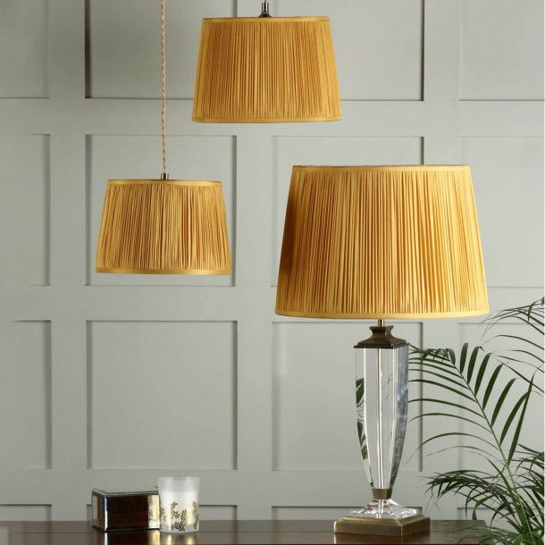 Laura Ashley traditional silk shade ochre. Pleated design. Available in various diameters.