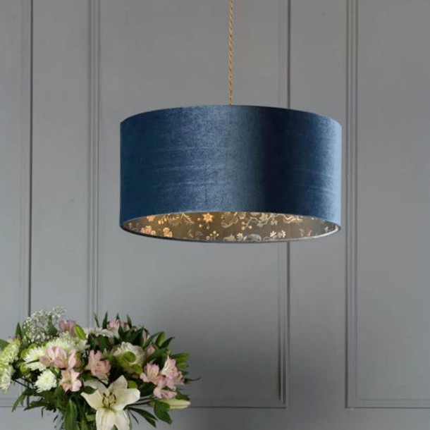 Portia lampshade with outer velvet fabric, by Laura Ashley. Poly silk interior, with floral print.