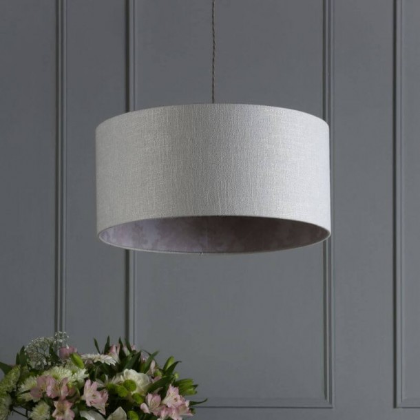 Hazelton Cylinder Shade, Laura Ashley. Silver exterior and pink interior. Linen and silk. Romantic Opulence Collection.