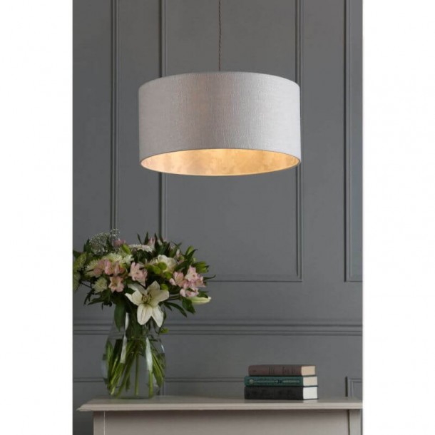 Hazelton Cylinder Shade, Laura Ashley. Silver exterior and pink interior. Linen and silk. Romantic Opulence Collection.