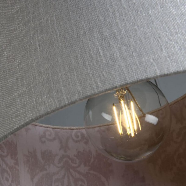 Hazelton Cylinder Shade, Laura Ashley. Silver exterior and pink interior. Linen and silk. Romantic Opulence Collection.