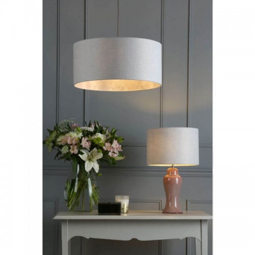 Hazelton Cylinder Shade, Laura Ashley. Silver exterior and pink interior. Linen and silk. Romantic Opulence Collection.