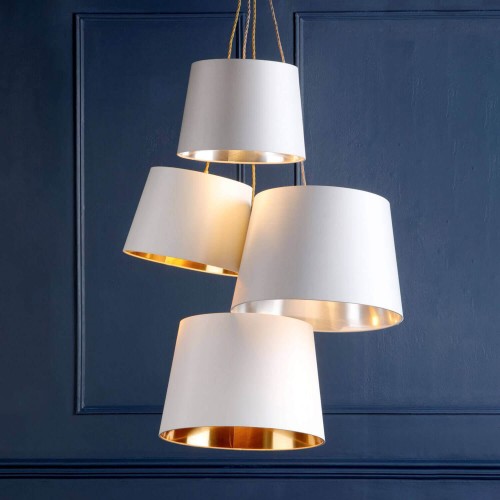 Emyr conical shade, Laura Ashley. Handcrafted with cream silk and gold interior. Reversible device for ceiling shade.
