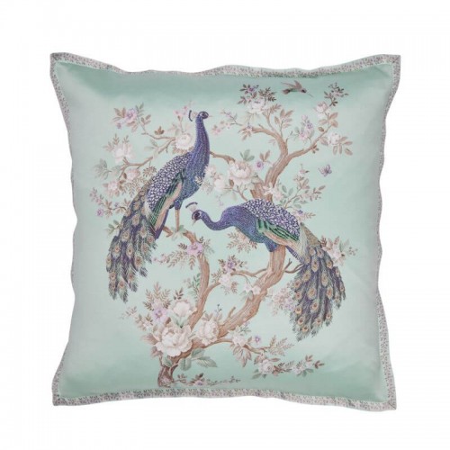 In blue, Belvedere cushion embroidered with peacocks and duckegg background. Includes feather padding. It measures 50 x 50 cm