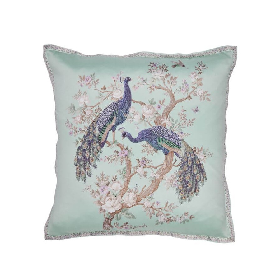 In blue, Belvedere cushion embroidered with peacocks and duckegg background. Includes feather padding. It measures 50 x 50 cm