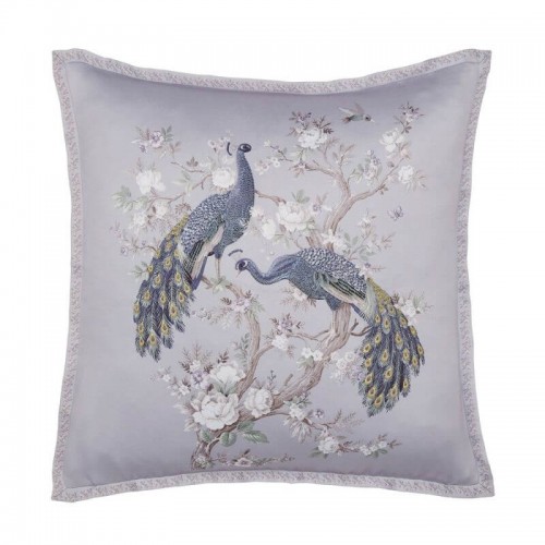 In blue, Belvedere cushion embroidered with a peacock design and a pale iris background. Includes feather padding. 50 x 50 cm