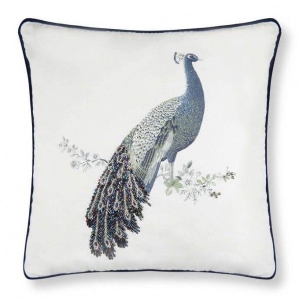 Midnight cushion. Peacock Collection, Laura Ashley. Peacock with beads on its feathers. 50x50cm. Feather padding.