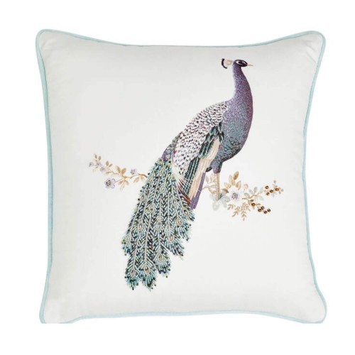 Duckegg cushion. Peacock Collection, Laura Ashley. Peacock with beads on its feathers. 50x50cm. Feather padding.