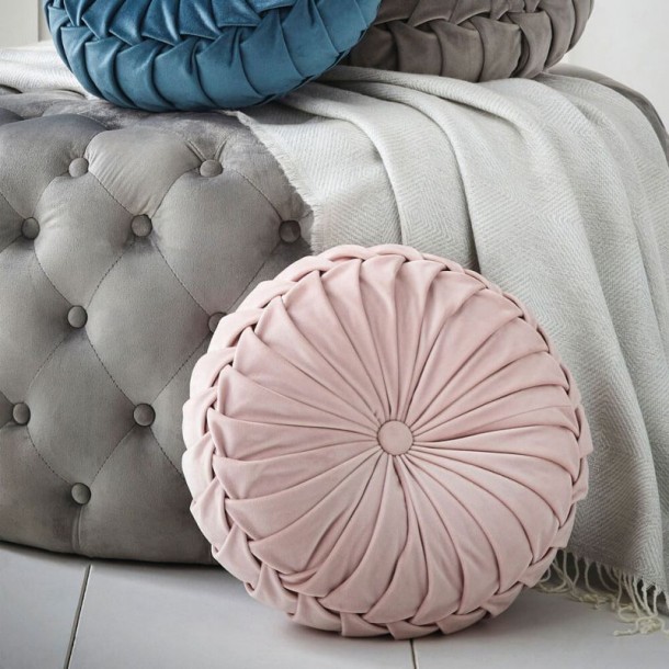 Rosanna Round Polyester Cushion, Laura Ashley, Classic Style. Central button, in blush tone. 35cm in diameter.