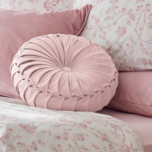 Rosanna Round Polyester Cushion, Laura Ashley, Classic Style. Central button, in blush tone. 35cm in diameter.