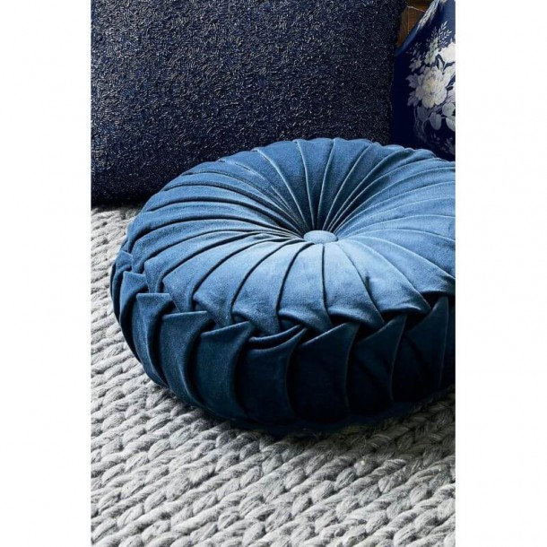 Rosanna Round Polyester Cushion, Laura Ashley, Classic Style. Central button, in dark seaspray tone. 35cm in diameter.