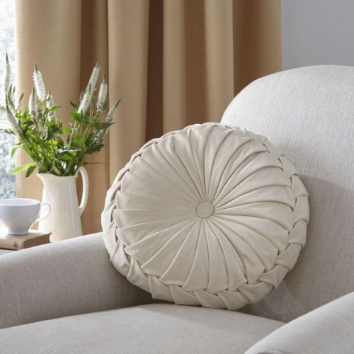 Rosanna Round Polyester Cushion, Laura Ashley, Classic Style. Central button, in almond tone. 35cm in diameter.