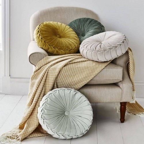 Rosanna Round Polyester Cushion, Laura Ashley, Classic Style. Central button, in amber tone. 35cm in diameter.