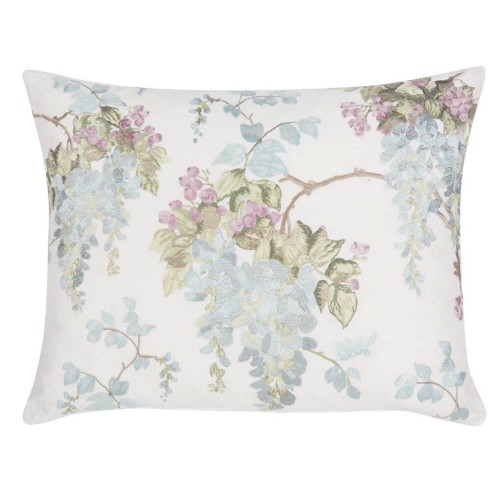 White Wisteria cushion with teal flower embroidery, by Laura Ashley. Includes padding and measures 40 x 50 cm.