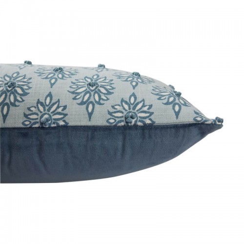 Gower sea blue cushion, Laura Ashley. Rectangular design, stamped with medallions and border. 30x50 cm. Small embroidery.